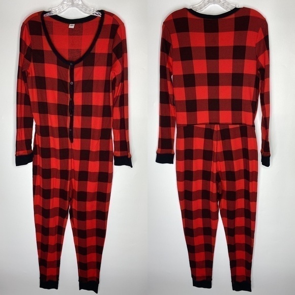 Old Navy Thermal Knit Red Black Plaid One Piece Pajama Large - Picture 1 of 9